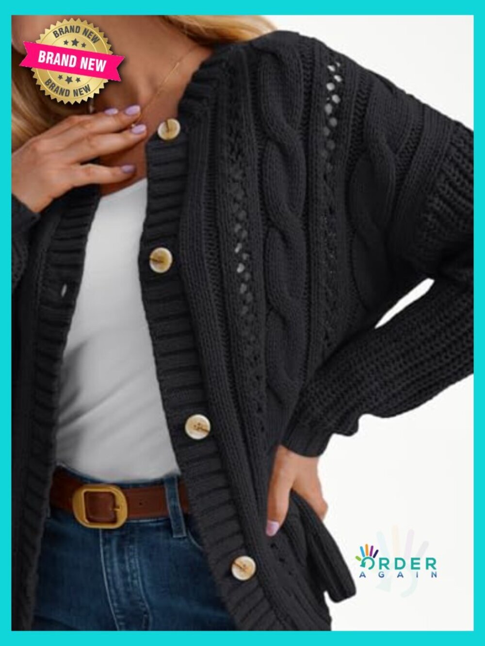 Cable Knit Crochet Cardigan Button Up Chunky Fall Jacket - Picture 5 of 5